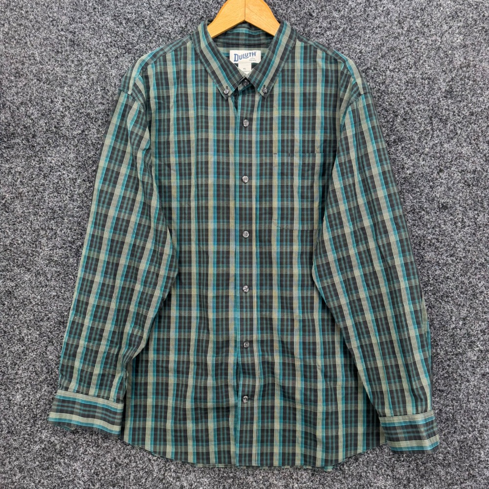 Duluth Trading Co Mens XL Blue Green Plaid Cotton Button Down Shirt Long Sleeve